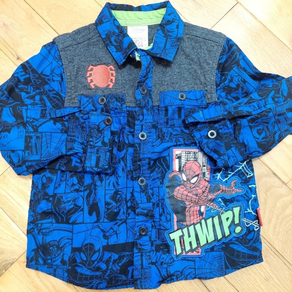DISNEY STORE MARVEL Boys 4 LONG SLEEVED SHIRT‎ SPIDERMAN Embroidered BLUE Button